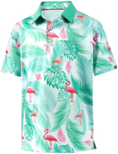 Boys' printed golf polo, green flamingo