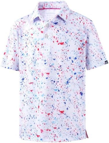 Boys' printed golf polo, white colored dots