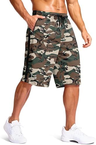Men's 11" basketball shorts, zip pockets, green camo