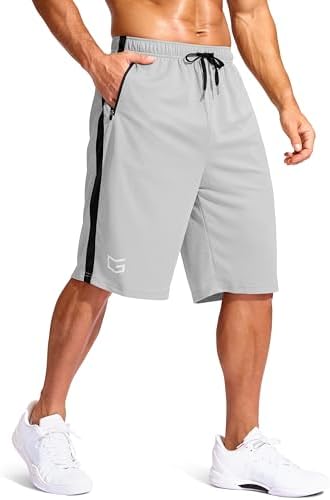 Men's 11" basketball shorts, zip pockets, light grey