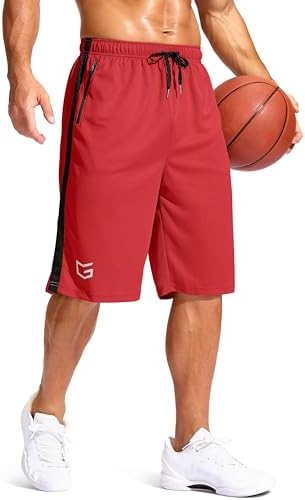 Men's 11" basketball shorts, zip pockets, red