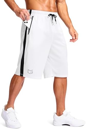Men's 11" basketball shorts, zip pockets, white