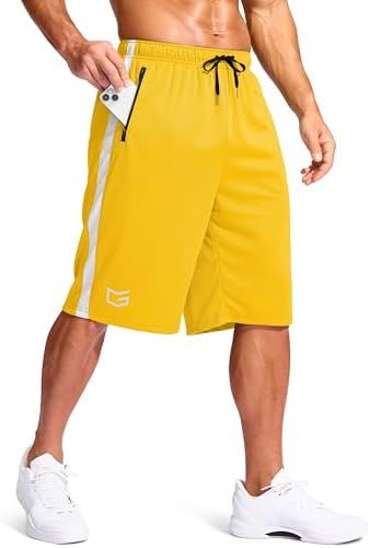 Men's 11" basketball shorts, zip pockets, yellow