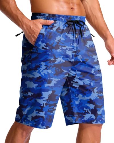 Men's 11" swim trunks, three zip pockets, blue camo