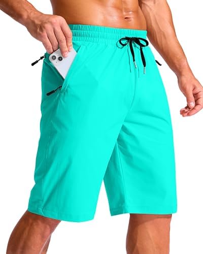 Men's 11" swim trunks, three zip pockets, cyan