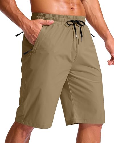 Men's 11" swim trunks, three zip pockets, dark khaki