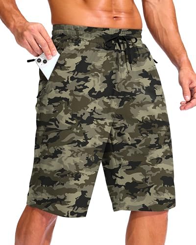Men's 11" swim trunks, three zip pockets, forest camo