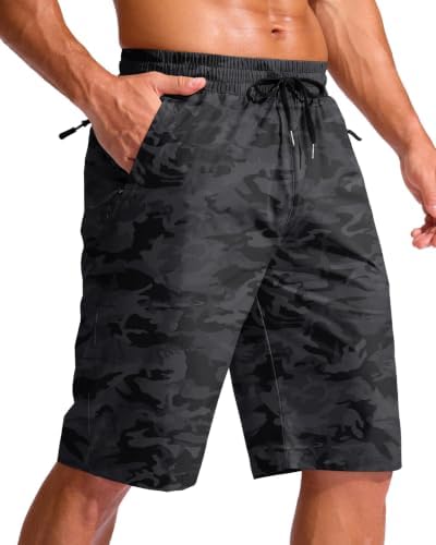 Men's 11" swim trunks, three zip pockets, grey camo