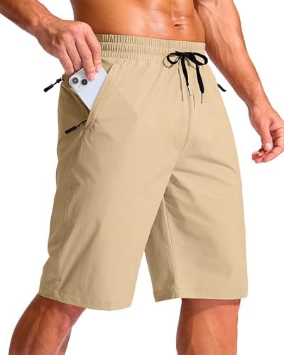 Men's 11" swim trunks, three zip pockets, khaki