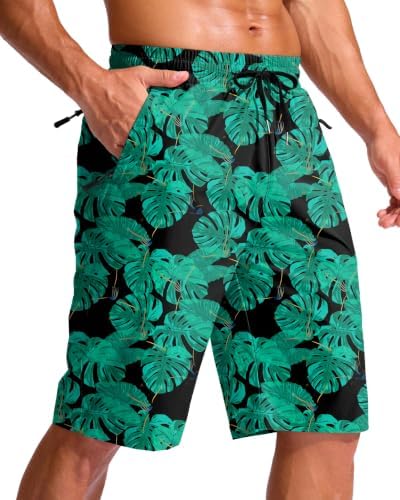 Men's 11" swim trunks, three zip pockets, leaf