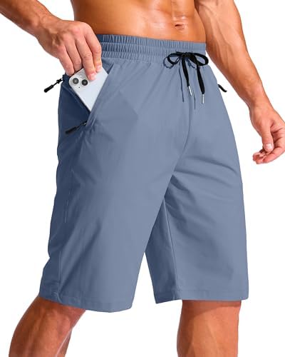 Men's 11" swim trunks, three zip pockets, light blue