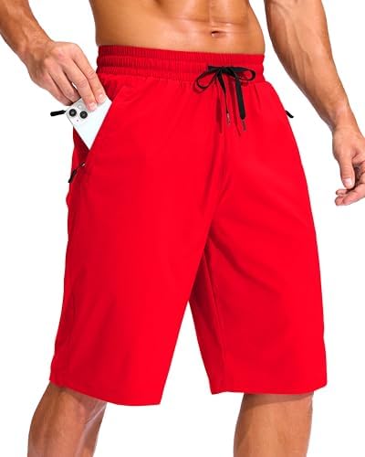 Men's 11" swim trunks, three zip pockets, red
