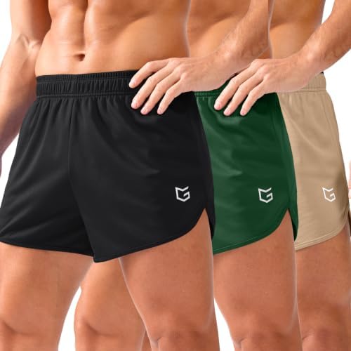 Men's 3.5" running shorts with liner, black+olive+khaki