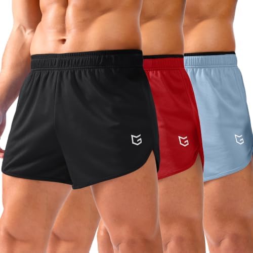 Men's 3.5" running shorts with liner, black+red+light blue