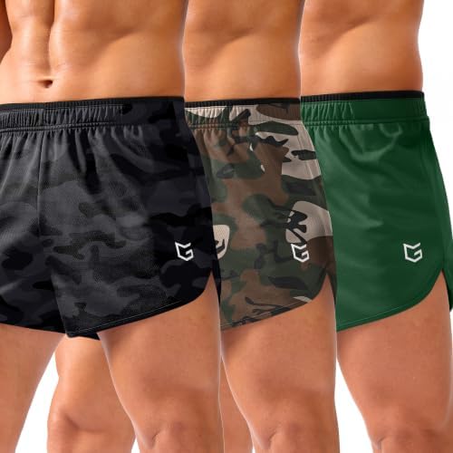 Men's 3.5" running shorts with liner, camo black+green camo+olive