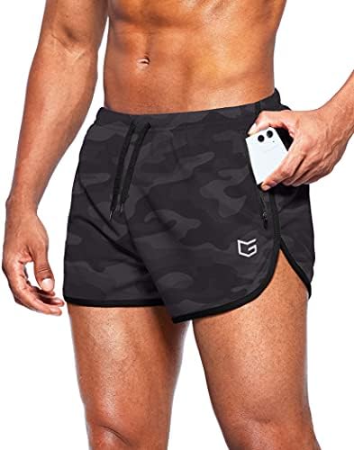 Men's 3" gym shorts, zip pockets, black camo