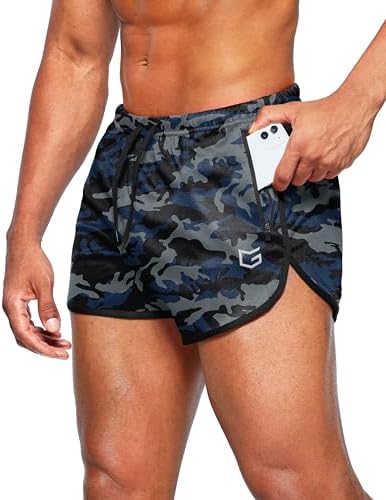 Men's 3" gym shorts, zip pockets, blue grey camo