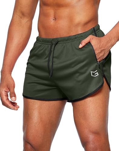Men's 3" gym shorts, zip pockets, dark olive