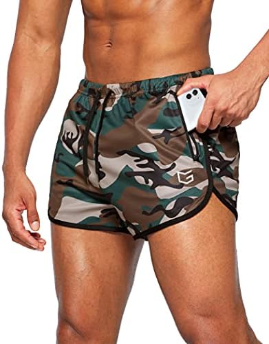 Men's 3" gym shorts, zip pockets, green camo