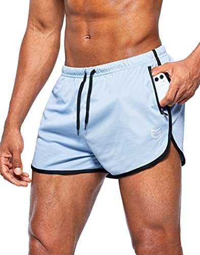 Men's 3" gym shorts, zip pockets, light blue