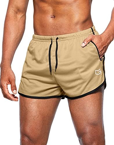 Men's 3" gym shorts, zip pockets, light khaki