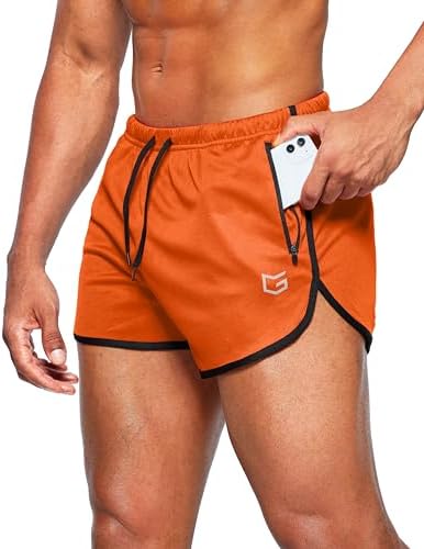 Men's 3" gym shorts, zip pockets, orange