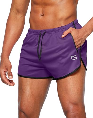 Men's 3" gym shorts, zip pockets, purple