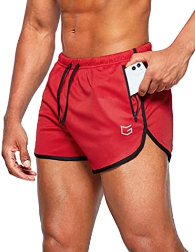 Men's 3" gym shorts, zip pockets, red