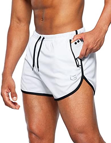 Men's 3" gym shorts, zip pockets, white
