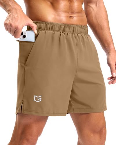 Men's 5" running shorts, two zip pockets, dark khaki