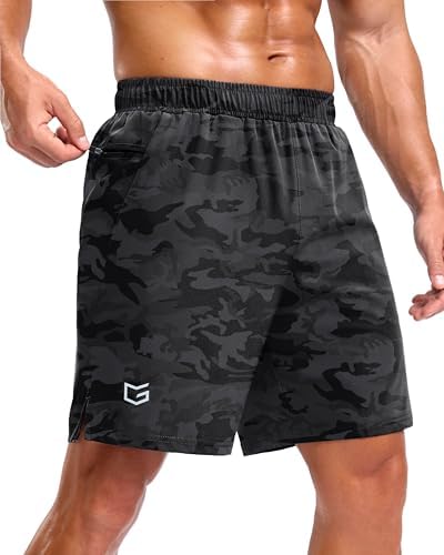 Men's 5" running shorts, two zip pockets, grey camo