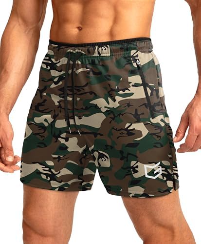 Men's 5" running shorts, zip pockets, green camo