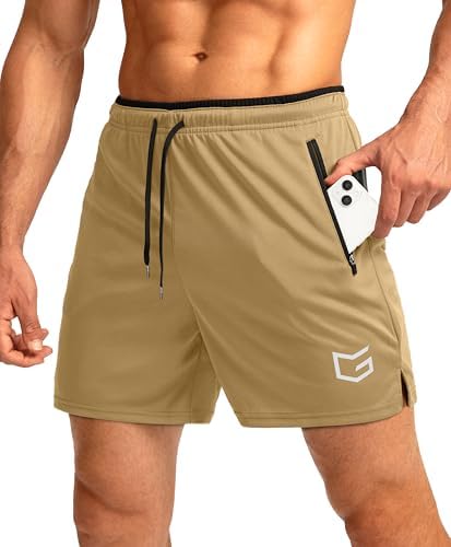 Men's 5" running shorts, zip pockets, khaki