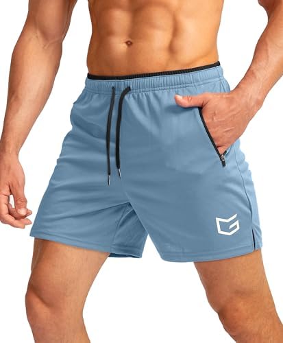 Men's 5" running shorts, zip pockets, light blue