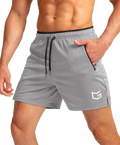 Men's 5" running shorts, zip pockets, light grey