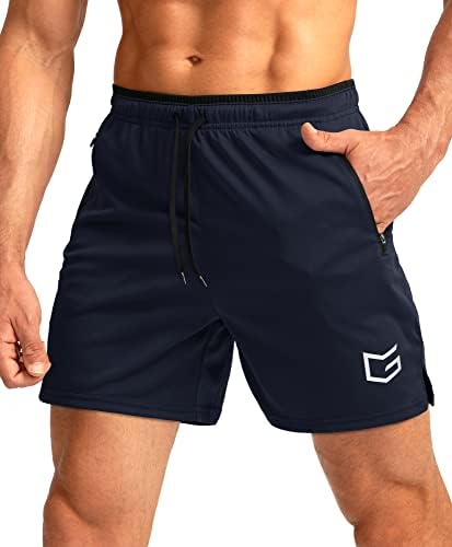 Men's 5" running shorts, zip pockets, navy
