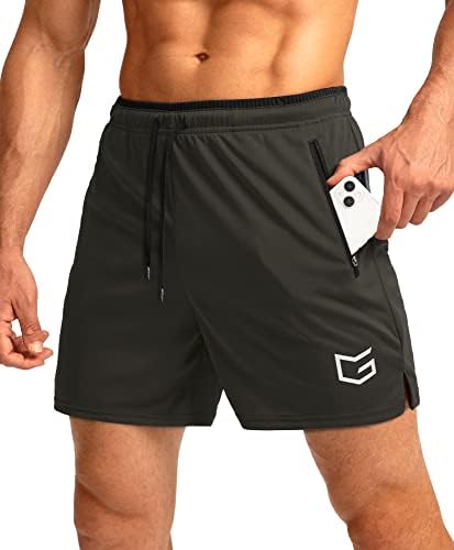 Men's 5" running shorts, zip pockets, olive green