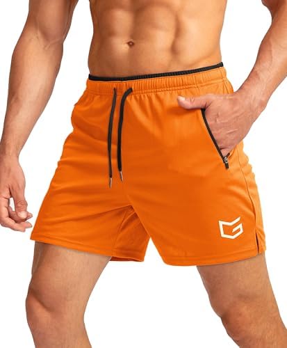 Men's 5" running shorts, zip pockets, orange