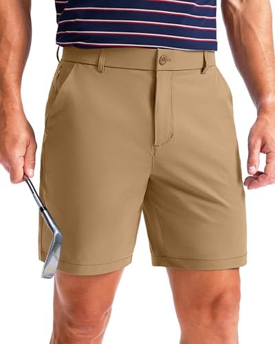 Men's 7" golf shorts, five pockets, dark khaki