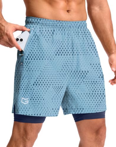 Men's 7" gym shorts with liner, blue geometry