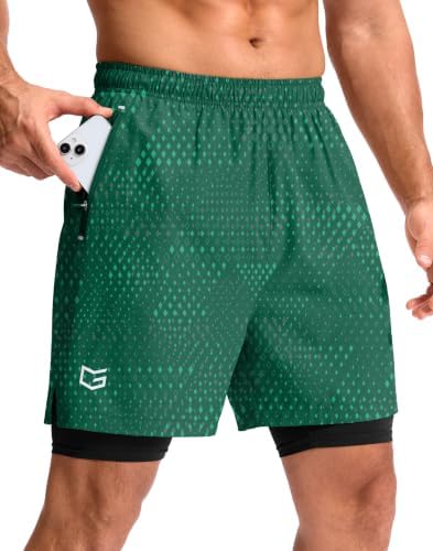 Men's 7" gym shorts with liner, green geometry