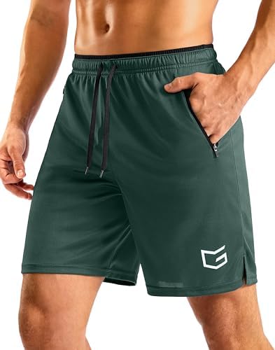 Men's 7" gym shorts, zip pockets, army green