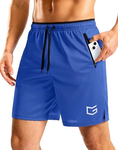 Men's 7" gym shorts, zip pockets, blue