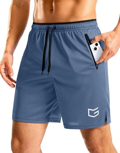 Men's 7" gym shorts, zip pockets, dusty blue