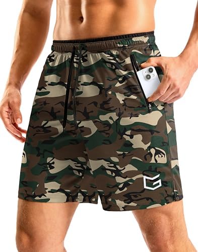 Men's 7" gym shorts, zip pockets, green camo