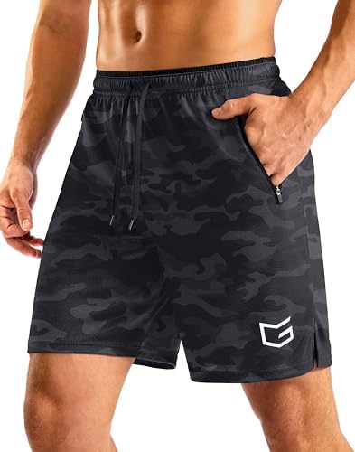 Men's 7" gym shorts, zip pockets, grey camo