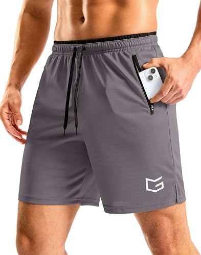 Men's 7" gym shorts, zip pockets, grey