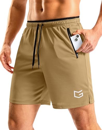Men's 7" gym shorts, zip pockets, khaki