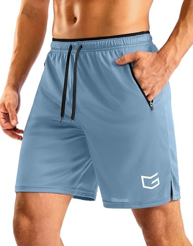 Men's 7" gym shorts, zip pockets, light blue