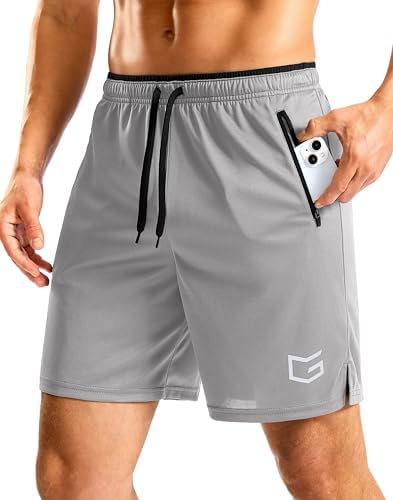 Men's 7" gym shorts, zip pockets, light grey